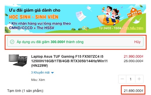 Ưu đãi trừ trực tiếp vào giá sản phẩm