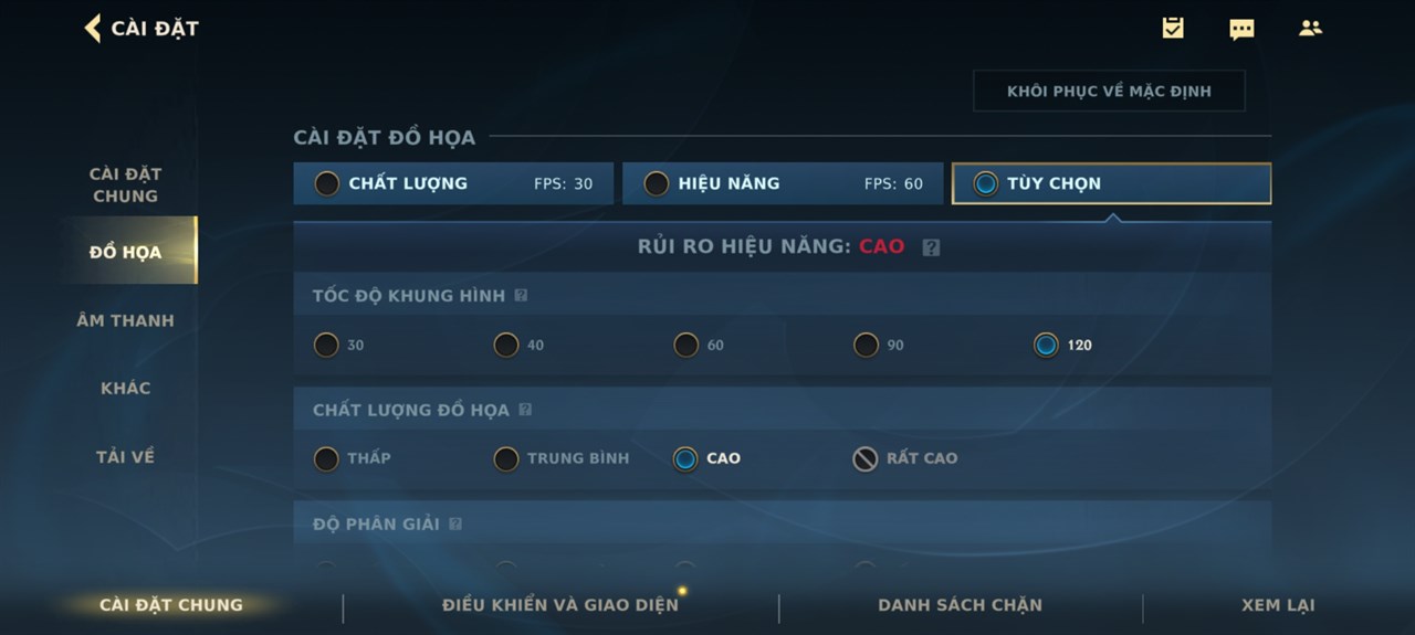 Thiết lập đồ họa Liên Minh Huyền Thoại: Tốc Chiến mà mình đã đặt trên Redmi Note 13 Pro 5G cập nhật Xiaomi HyperOS.