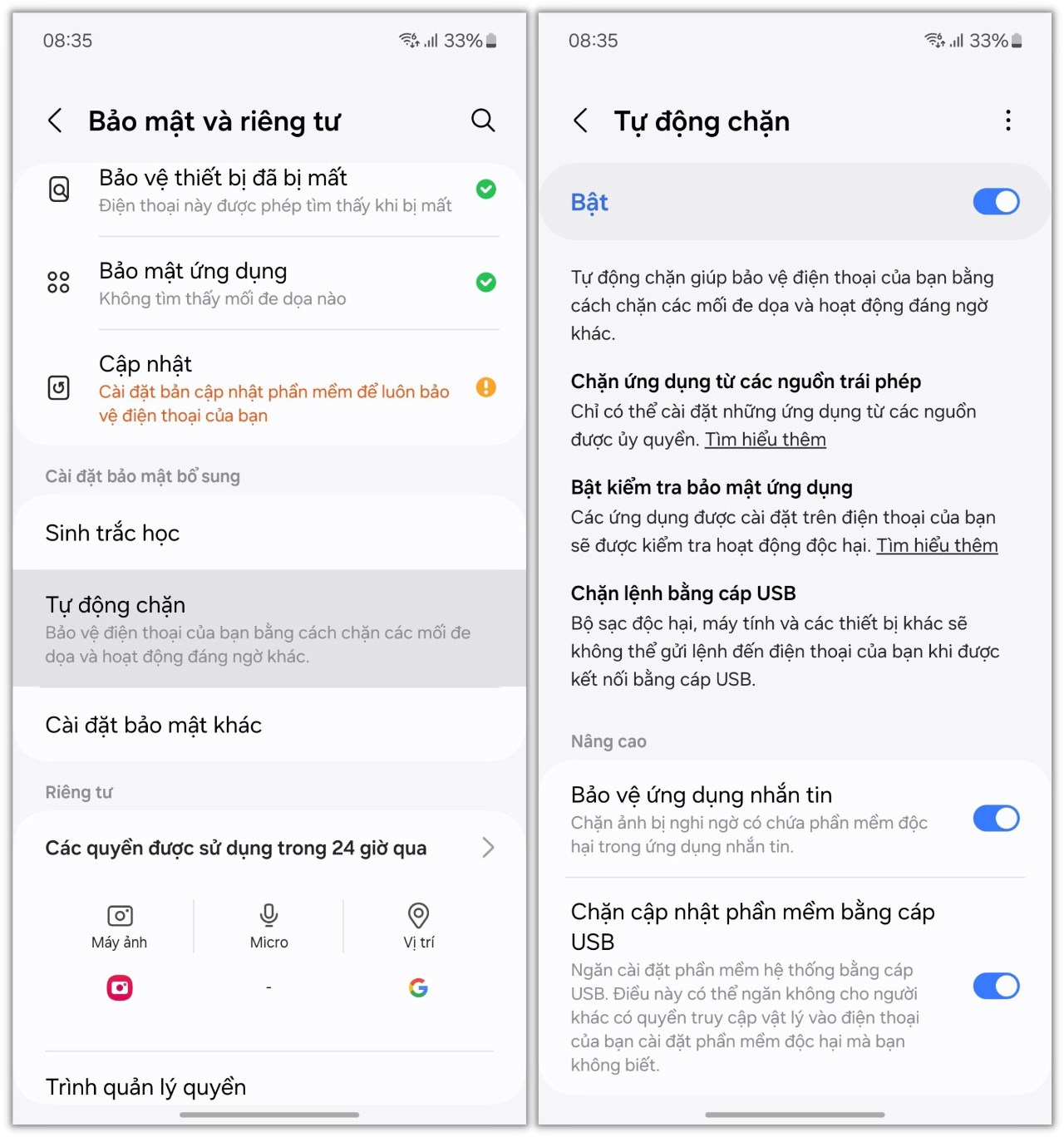 Đây là cách để các bạn kích hoạt thêm tính năng Tự động chặn của công cụ Samsung Knox Vault trên Galaxy A35 5G.
