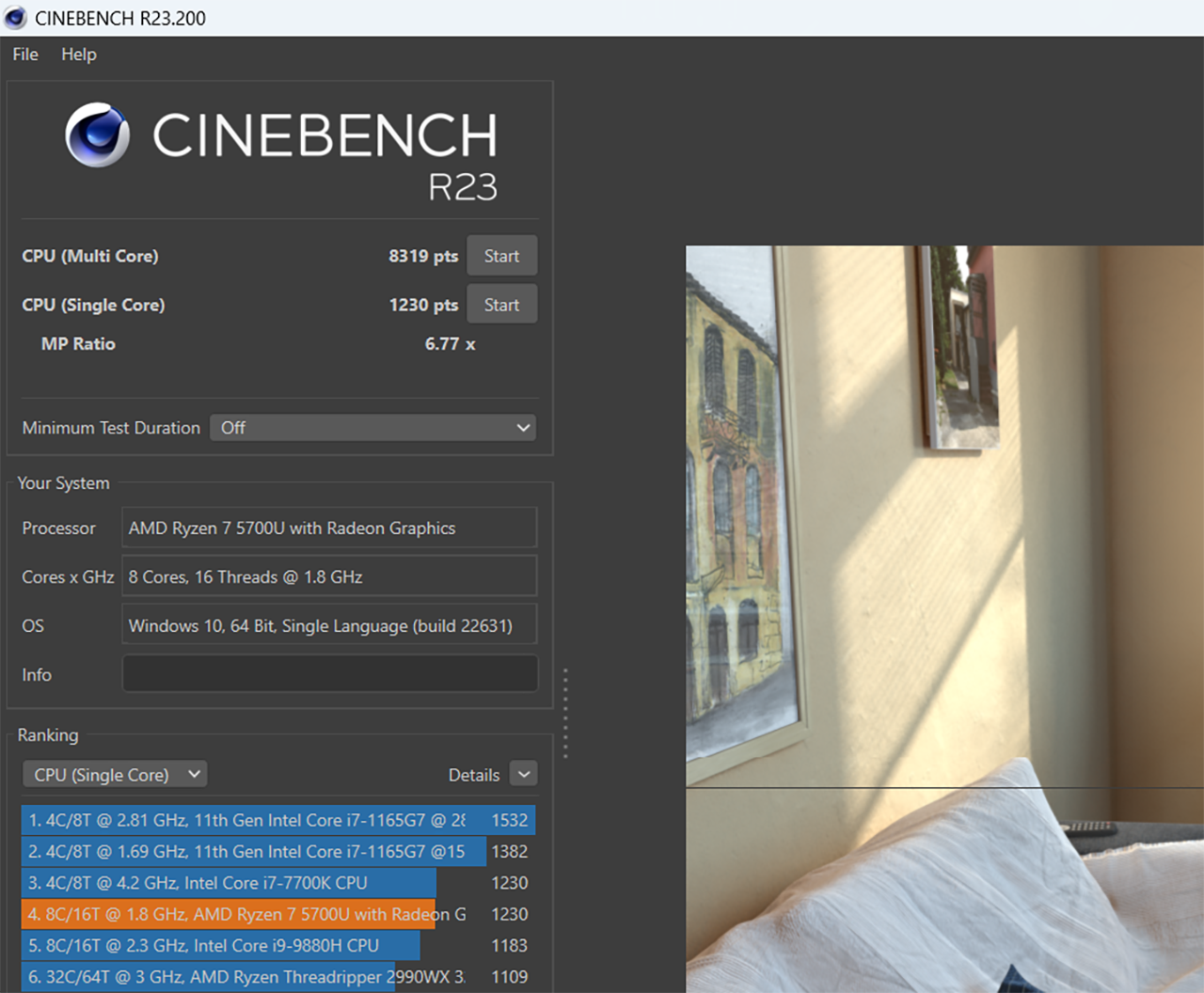 Điểm Cinebench R23 của Lenovo Ideapad 1 15ALC7.