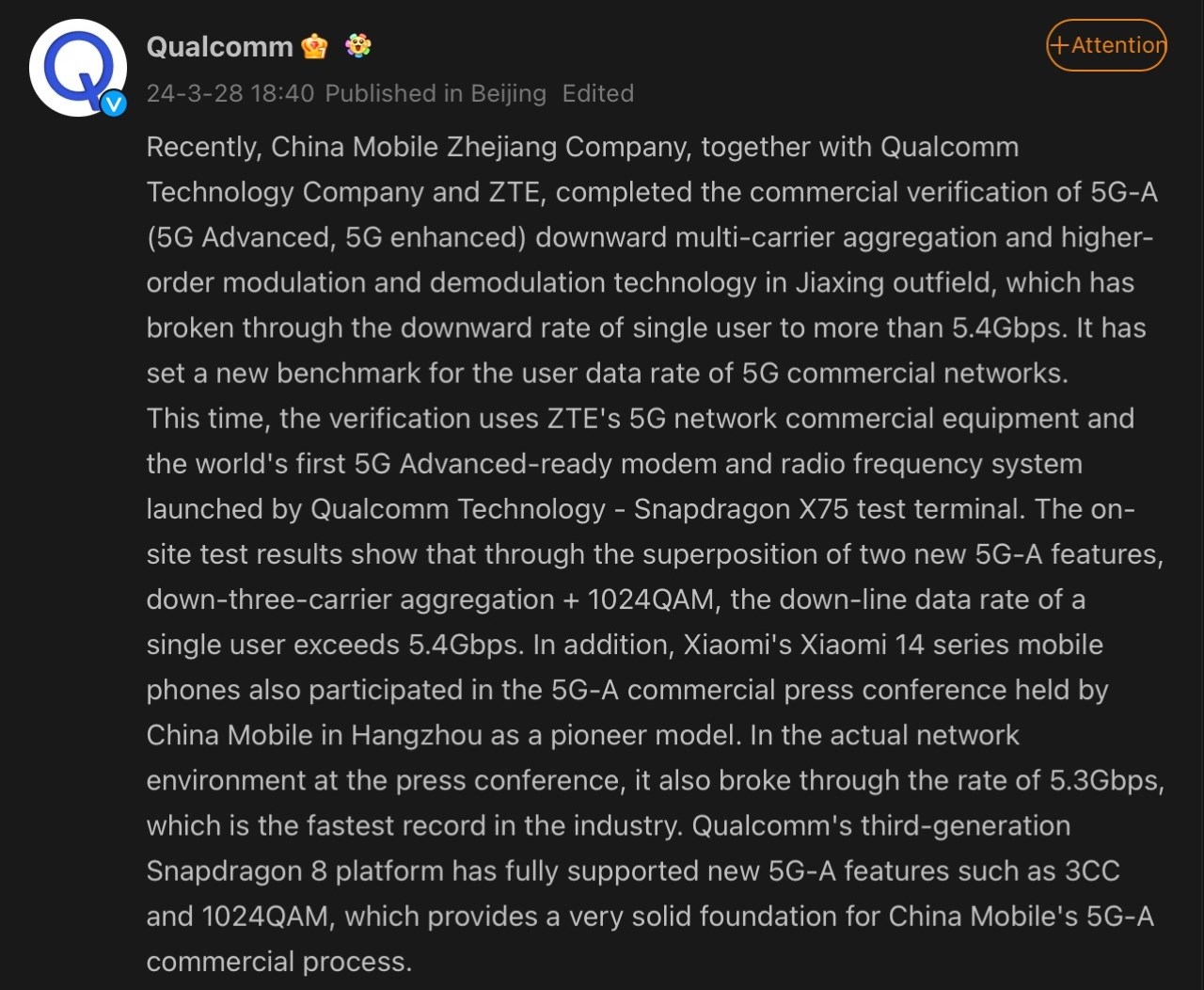 Qualcomm thông báo hợp tác với China Telecom để triển khai mạng 5.5G