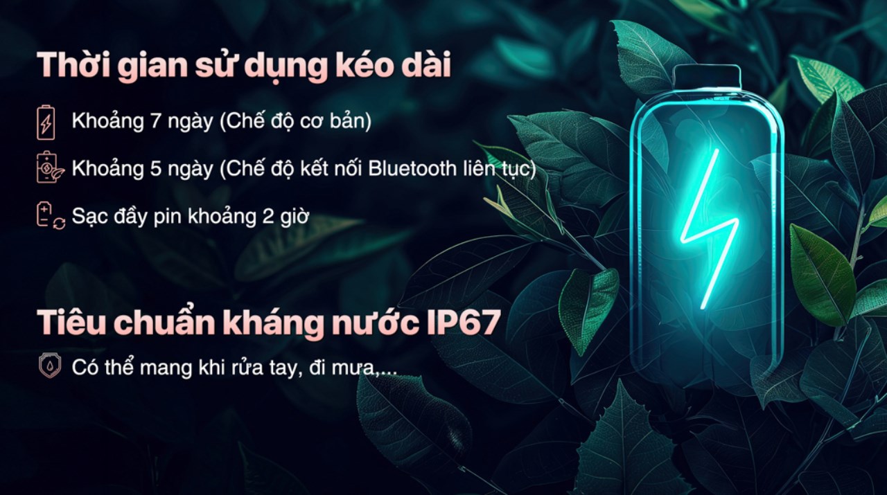 Đồng hồ có thời lượng pin lên tới 7 ngày và khả năng kháng nước đạt chuẩn IP67