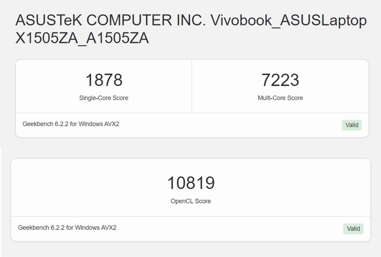 Kết quả bài test GeekBench 6 của ASUS Vivobook 15 OLED A1505ZA.