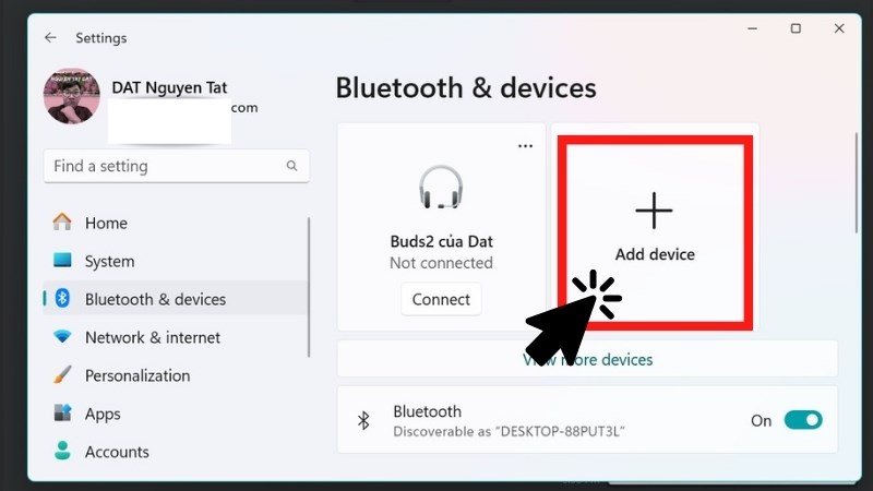 Bật Bluetooth ON (nút bấm góc phải dưới ảnh) và nhấn dấu cộng lớn Add Device Bật Bluetooth ON (nút bấm góc phải dưới ảnh) và nhấn dấu cộng lớn Add Device