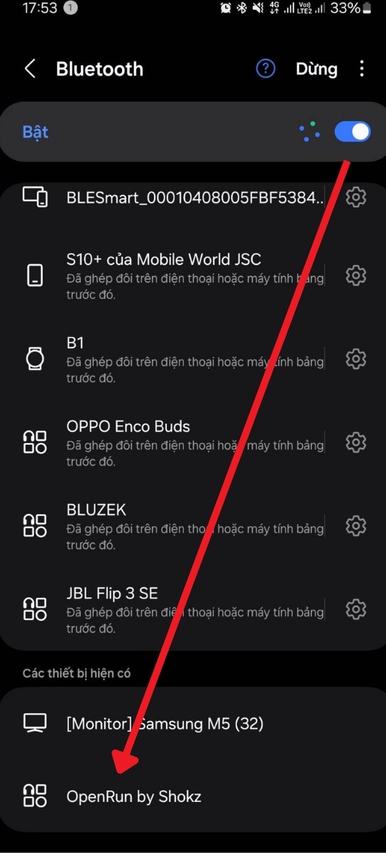 Bật Bluetooth trên điện thoại và tìm tên tai nghe OpenRun by Shokz Bật Bluetooth trên điện thoại và tìm tên tai nghe OpenRun by Shokz