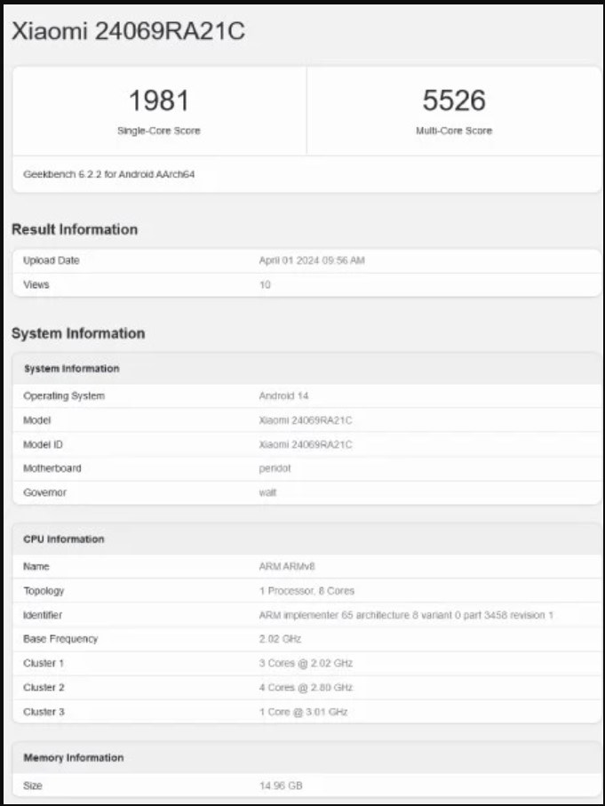 Điểm hiệu năng Geekbench bị rò rỉ của Redmi Turbo 3 Điểm hiệu năng Geekbench bị rò rỉ của Redmi Turbo 3