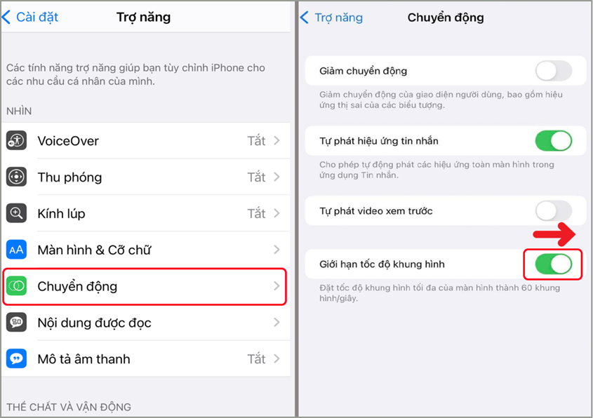 Gạt n&uacute;t gạt sang b&ecirc;n phải để mở Giới hạn tốc độ khung h&igrave;nh