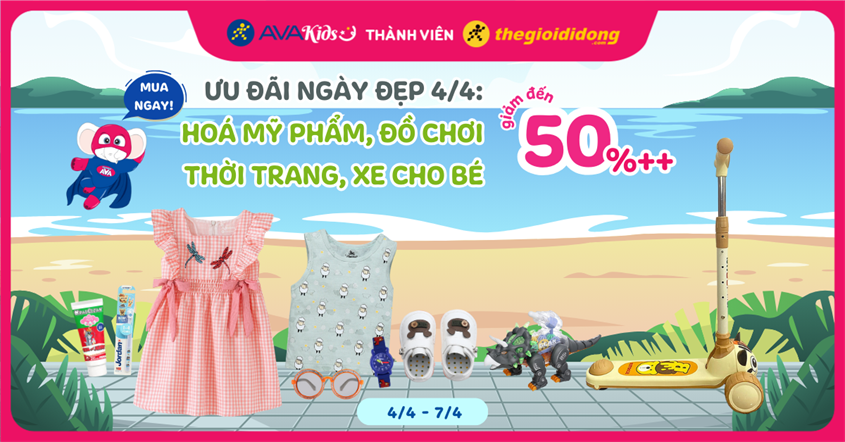 (4/4 - 7/4) Ưu đãi ngày đẹp 4/4: Hoá mỹ phẩm, đồ chơi, thời trang, xe cho bé giảm đến 50%++. Mua ngay!