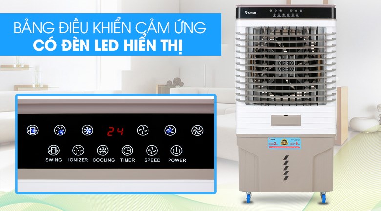 Quạt điều hòa Rapido 9000D có màn hình hiển thị cảm ứng hiện đại, sang trọng