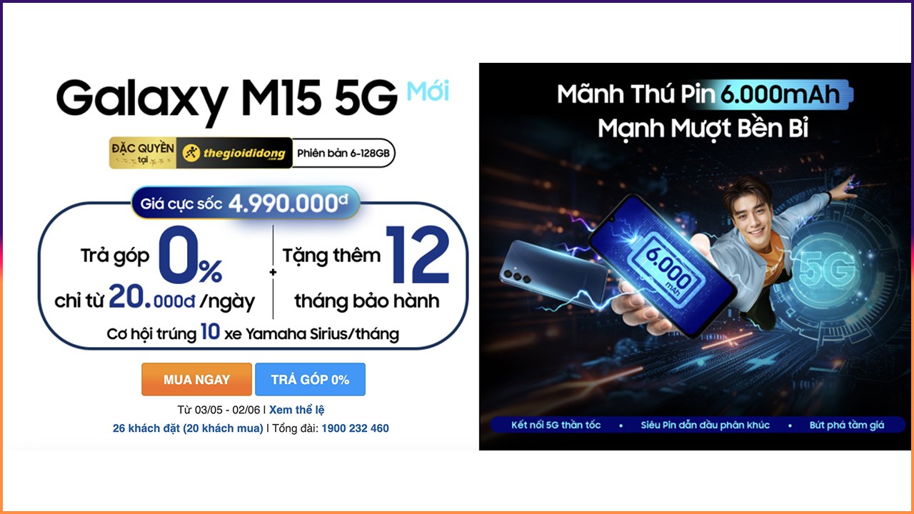 Mở bán Galaxy M15 5G đặc quyền tại TGDĐ: Trả góp 0%, tặng thêm 12 tháng bảo hành, cơ hội trúng 10 chiếc Yamaha Sirius