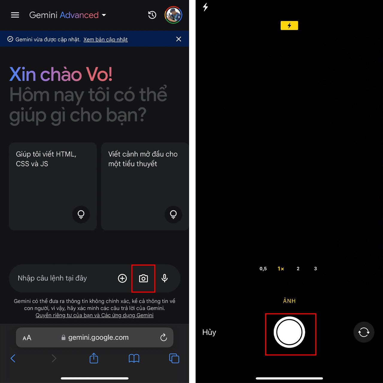 Cách chụp hình trực tiếp bằng Gemini Advanced
