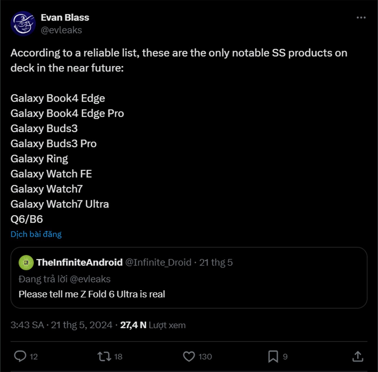 Evan Blass cũng đã nhắc đến Galaxy Watch FE trong danh sách các sản phẩm sắp ra mắt của Samsung