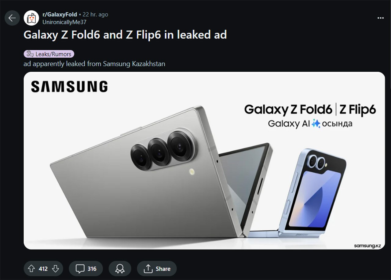 Bài đăng trên Reddit về hình ảnh quảng cáo bị rò rỉ của Samsung về Z Fold 6 và Z Flip 6