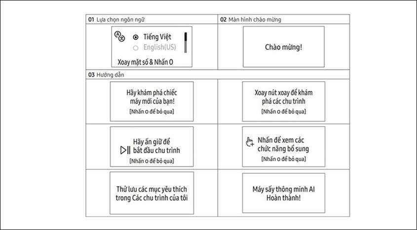 Cài đặt ban đầu trên máy sấy Samsung