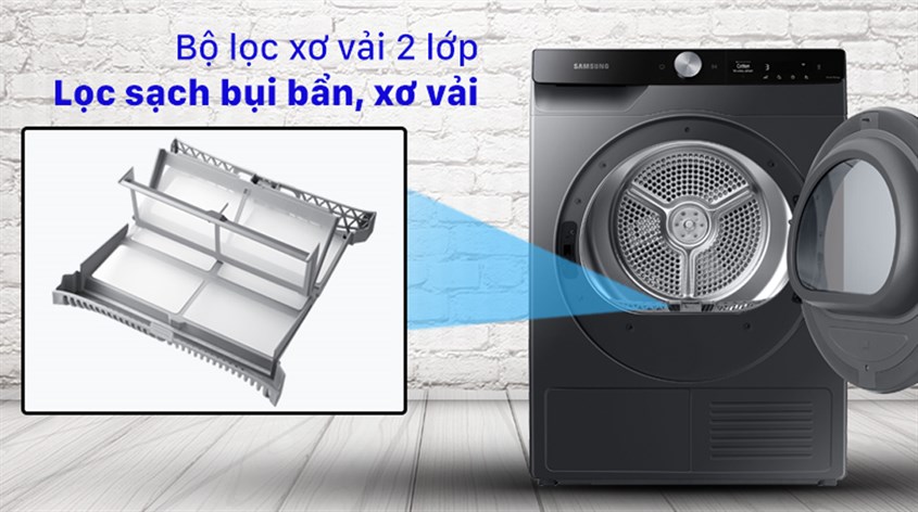 Máy sấy bơm nhiệt Samsung 9 Kg DV90T7240BB/SV có bộ lọc xơ vải 2 lớp