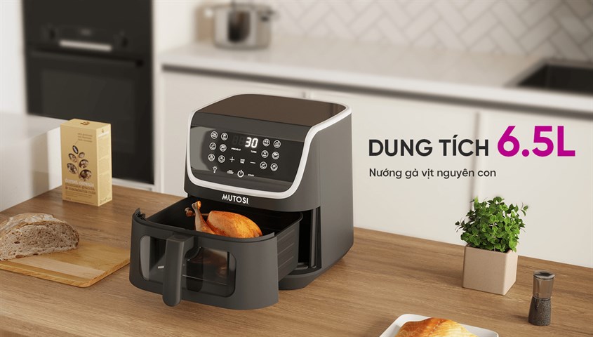 Nồi chiên không dầu Mutosi MF-T591 có dung tích 6.5L nướng được gà vịt nguyên con Nồi chiên không dầu Mutosi MF-T591 có dung tích 6.5L nướng được gà vịt nguyên con