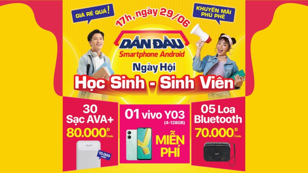 Duy nhất 1 ngày 29/06 từ khung giờ 17h - 19h, quý khách hàng đến 72 siêu thị Thế Giới Di Động hoặc Điện máy XANH theo danh sách bên dưới để tham gia chương trình dành cho học sinh sinh viên và người dân lao động. Tại đây quý khách sẽ được mua nhiều món phụ kiện công nghệ giá rẻ, cuối chương trình còn được quay số may mắn trúng 1 chiếc Vivo Y03 giá trị hơn 3 triệu đồng.