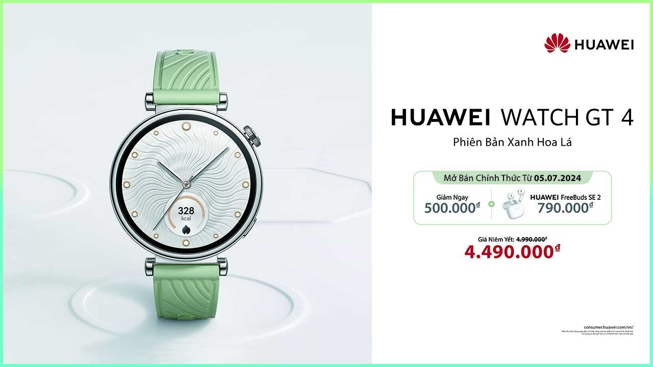 Hotsale mở bán Huawei Watch GT 4 phiên bản Xanh hoa lá, giảm 500K + tặng tai nghe Huawei FreeBuds SE 2 790K