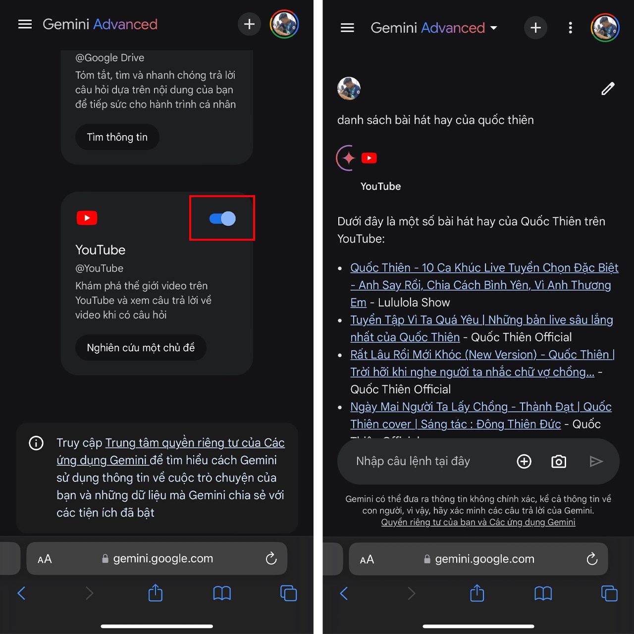 Cách tìm bài hát Youtube trong Gemini