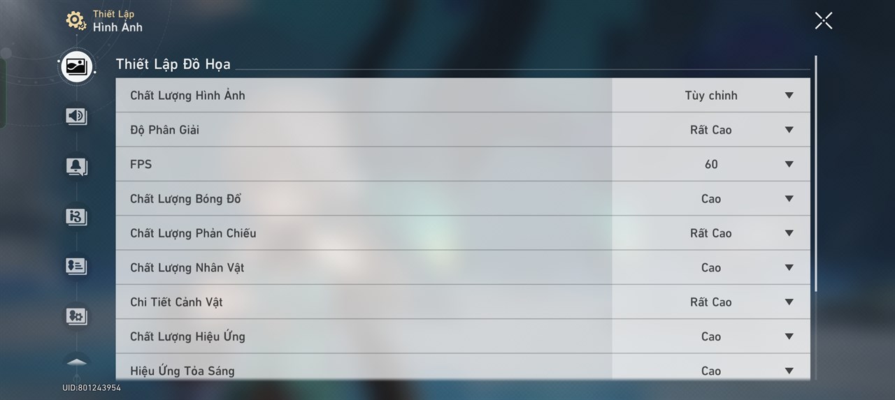 Thiết lập đồ họa Honkai: Star Rail mà mình áp dụng trên OPPO Reno12 5G.