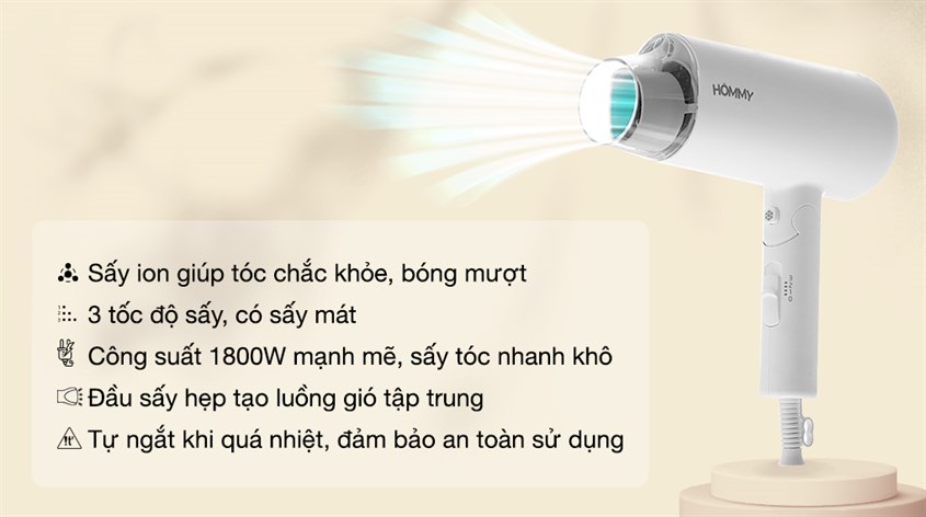 Máy sấy tóc 1800W Hommy PH6870 được trang bị nhiều chức năng thông minh