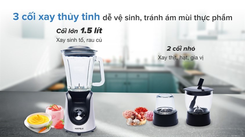 Máy xay sinh tố đa năng Hafele HSB-0621FS (535.43.277) sở hữu 3 cối xay thuỷ tinh chắc chắn Máy xay sinh tố đa năng Hafele HSB-0621FS (535.43.277) sở hữu 3 cối xay thuỷ tinh chắc chắn