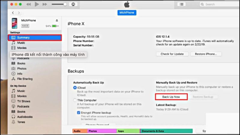 Nhấn Back Up Now để để lưu trữ dữ liệu trước khi Restore máy