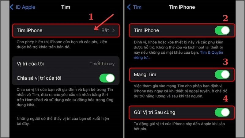 Kích hoạt các tính năng Tìm iPhone, Mạng tìm, Gửi vị trí Sau cùng lên  