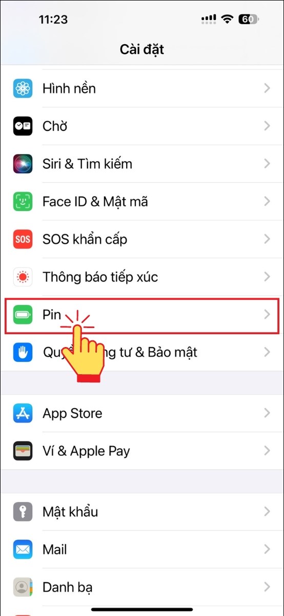 Vào ứng dụng Cài Đặt > Chọn mục Pin