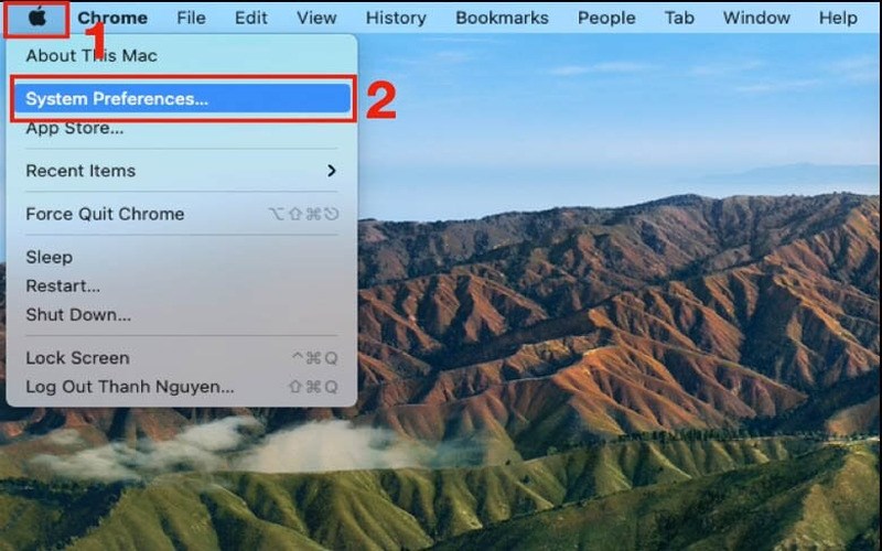 Vào logo Táo khuyết nhấn chọn vào System Preferences