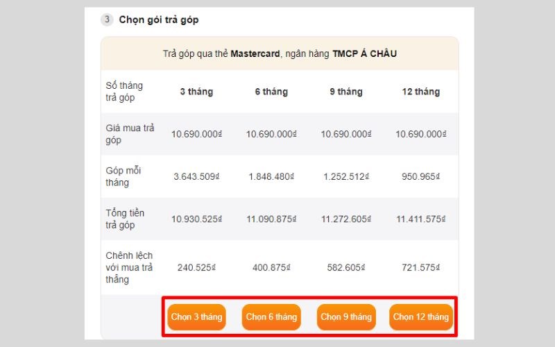 Chọn gói trả góp