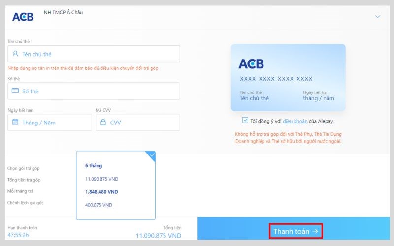Nhập thông tin thẻ và thanh toán