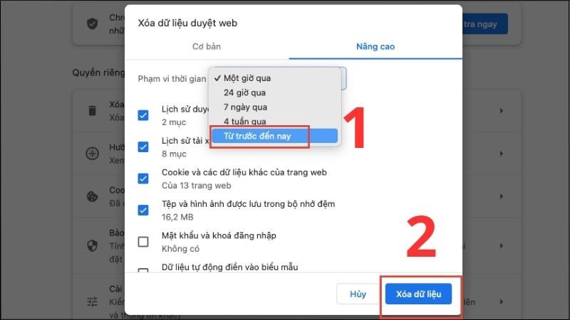 Tại mục Phạm vi thời gian chọn Từ trước đến nay  Chọn Xoá dữ liệu