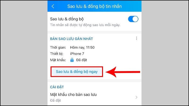 Chọn Sao lưu & đồng bộ ngay