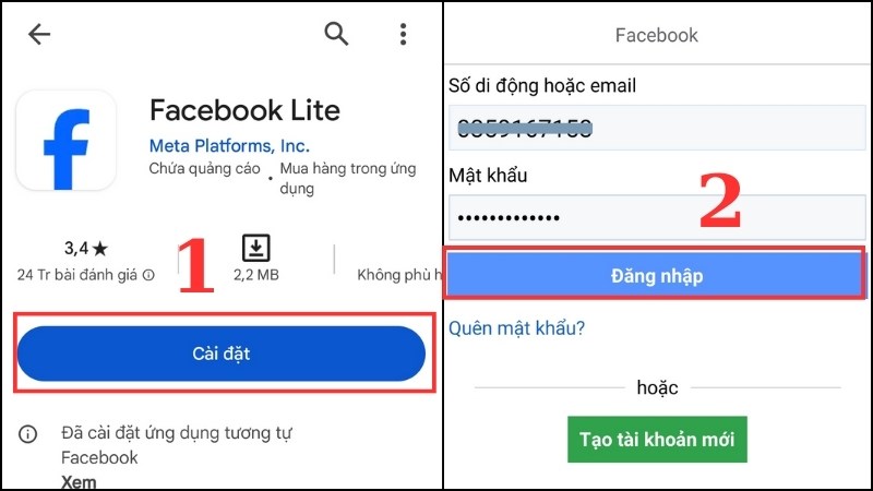 Tiến hành đăng nhập trên ứng dụng Facebook Lite