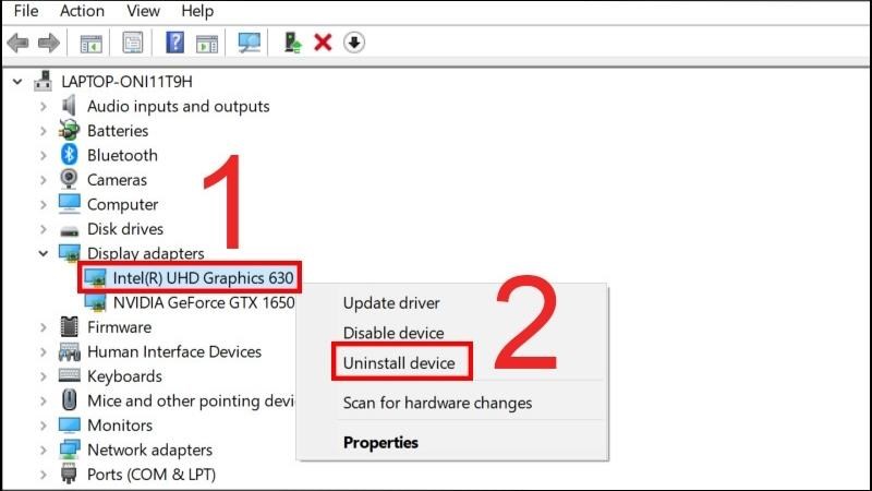 Bấm chuột phải v&agrave;o adapter m&agrave;n h&igrave;nh > Chọn Uninstall device
