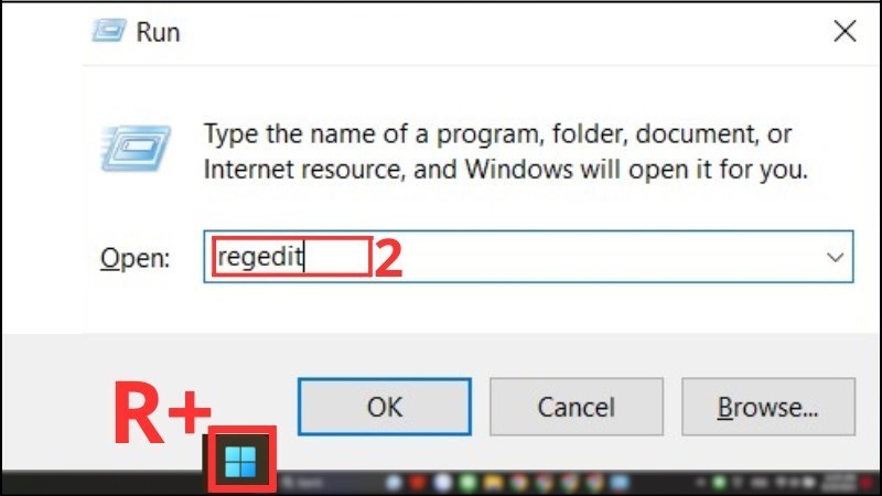 Bấm tổ hợp phím Windows + R  Gõ regedit  Nhấn Enter