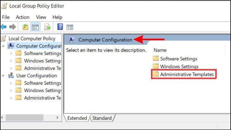 Tại cửa sổ Computer Configuration  Chọn Administrative Templates