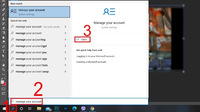 Tìm kiếm và mở Manage your account