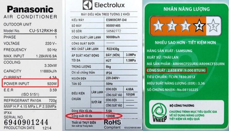 Thông tin về công suất của thiết bị điện thường được các hãng công bố trên nhãn năng lượng hoặc phiếu thông tin sản phẩm