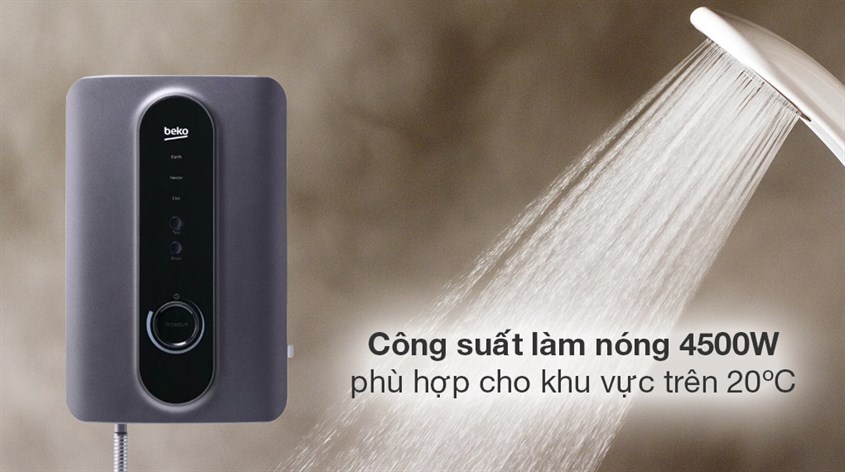 Máy nước nóng trực tiếp Beko BWI45S3D-224 với công suất làm nóng cao, phù hợp cho khu vực trên 20 độ C