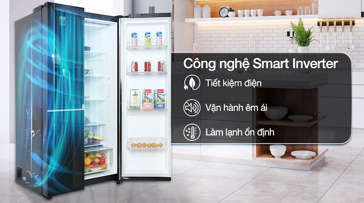 Tủ lạnh LG Inverter 635 lít Side By Side GR-D257WB được trang bị công nghệ Smart Inverter giúp tối ưu điện năng 