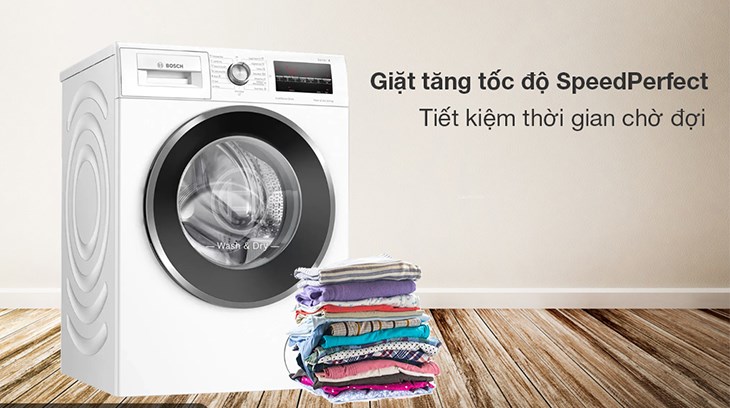 Máy giặt sấy Bosch giặt 9 kg - sấy 6 kg WNA14400SG với chế độ SpeedPerfect giúp việc giặt nhanh hơn 65% so với việc giặt thông thường