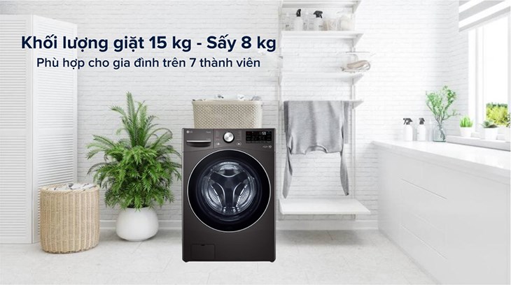 Máy giặt sấy LG AI DD Inverter giặt 15 kg - sấy 8 kg F2515RTGB có khối lượng giặt 15 kg và khối lượng sấy 8 kg, đáp ứng nhu cầu giặt cho gia đình trên 7 thành viên