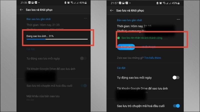 Sau khi hoàn thành, Zalo sẽ hiện lên thông báo sao lưu thành công
