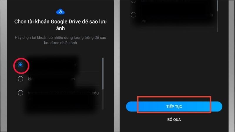 Chọn tài khoản Google Drive để sao lưu > Chọn Tiếp tục