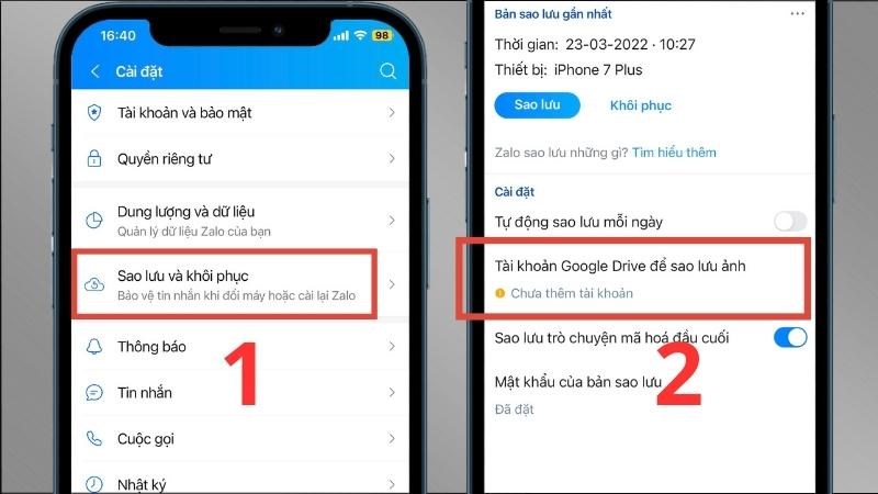 Nhấn vào Sao lưu và khôi phục > Chọn Tài khoản Google Drive để sao lưu ảnh