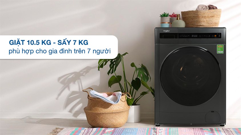 Máy giặt sấy Whirlpool SaniCare Inverter giặt 10.5 kg - sấy 7 kg WWEB10702FG sử dụng công nghệ sấy ngưng tụ