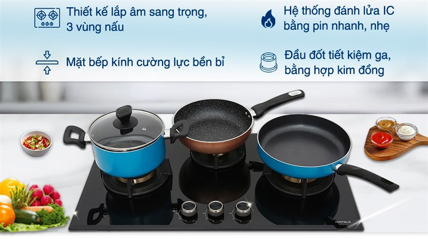 Bếp ga âm Hafele HC-G783B có thiết kế sang trọng với 3 vùng nấu, giúp tiết kiệm thời gian nấu nướng