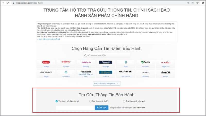 Truy cập trang web và lướt xuống phần Tra Cứu Thông Tin Bảo Hành